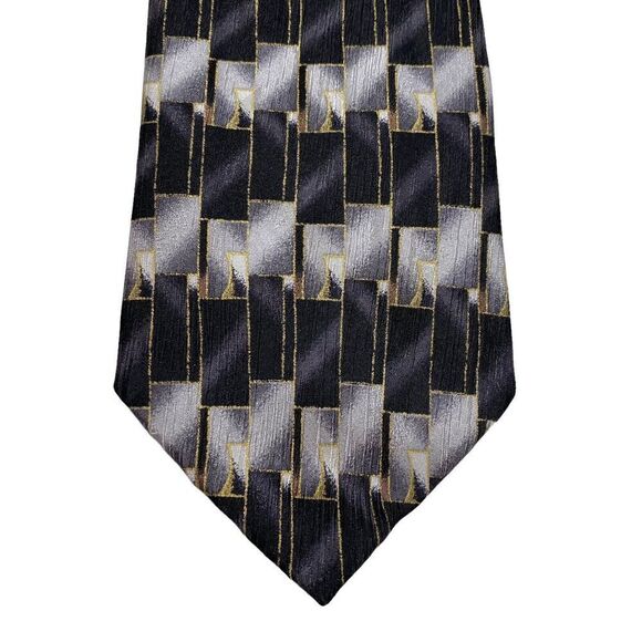 Vtg Oscar de la Renta Mens Necktie Tie Black Silver Gold Geometric Silk Designer - Picture 3 of 7